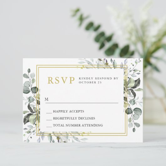 Einfache Elegante Wasserfarbe Eukalyptus Hochzeit RSVP Karte (Stehend Vorderseite)