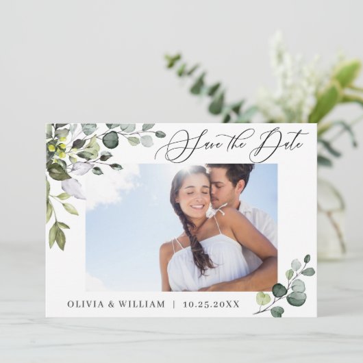 Einfache Elegante Wasserfarbe Eukalyptus Hochzeit Save The Date (Stehend Vorderseite)