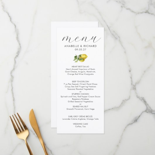 Einfache Elegante Wasserfarben Zitronenfrüchte Hoc Menükarte (Vorderseite/Rückseite Beispiel)