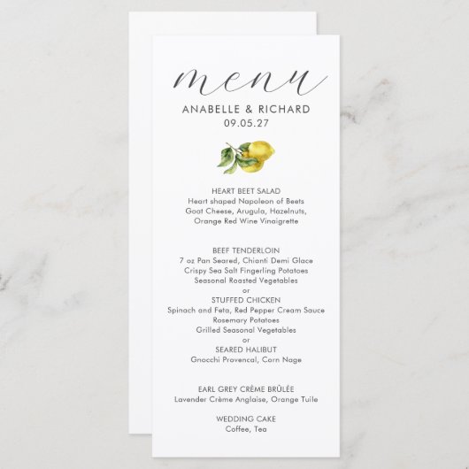 Einfache Elegante Wasserfarben Zitronenfrüchte Hoc Menükarte (Vorne/Hinten)