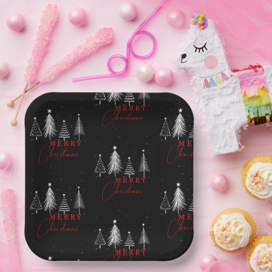 Einfache Elegante Weihnachtsbaume | Schwarz Pappteller (Party)