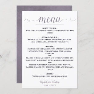 Einfache elegante Weiß mit Navy & Lavender Wedding Menükarte