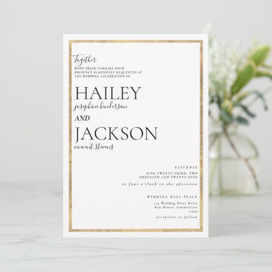 Einfache, elegante, weiße goldene Hochzeit Einladung (Stehend Vorderseite)
