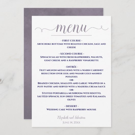 Einfache, elegante White Lavender & Navy Blue Wedd Menükarte (Vorne/Hinten)