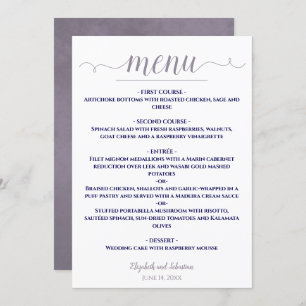 Einfache, elegante White Lavender & Navy Blue Wedd Menükarte