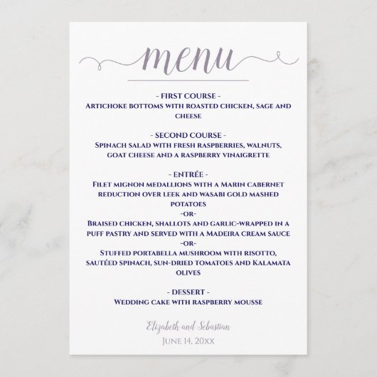 Einfache, elegante White Lavender & Navy Blue Wedd Menükarte (Vorderseite)