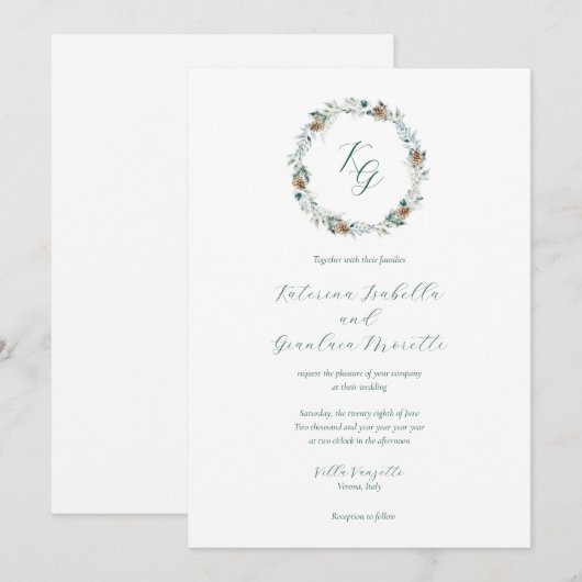 Einfache elegante Winter Greenery Monogram Wedding Einladung (Vorne/Hinten)