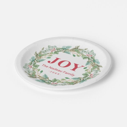 Einfache Elegante Wreath Joy Moderne Weihnachten Pappteller (Schrägansicht)