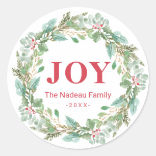 Einfache Elegante Wreath Joy Moderne Weihnachten Runder Aufkleber