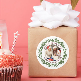 Einfache Elegante Wreath Weihnachts-Foto Familienn Runder Aufkleber