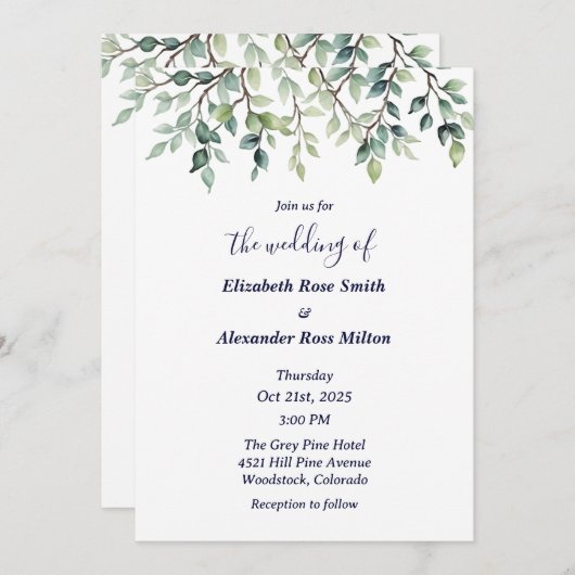 Einfache elegante Zweige von Blätter Hochzeit Einladung (Vorne/Hinten)