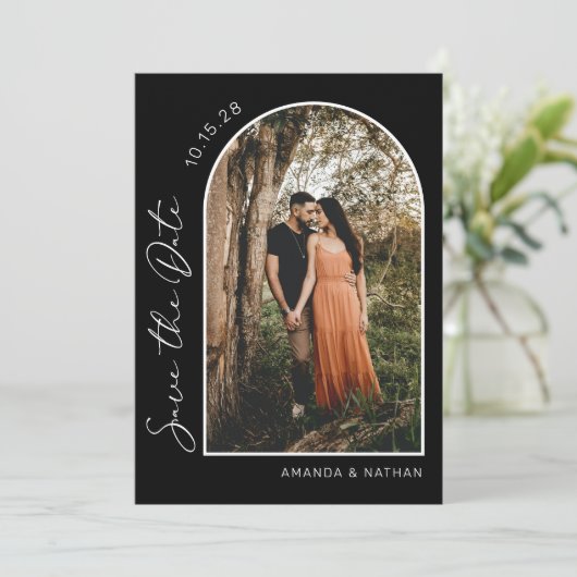 Einfache Elegantes Foto Schwarz-Weiß-Hochzeit Save The Date (Stehend Vorderseite)