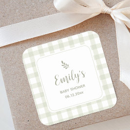 Einfache Elegantsage Green Gingham Baby Dusche Quadratischer Aufkleber