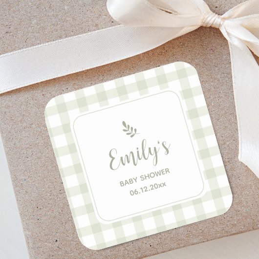 Einfache Elegantsage Green Gingham Baby Dusche Quadratischer Aufkleber