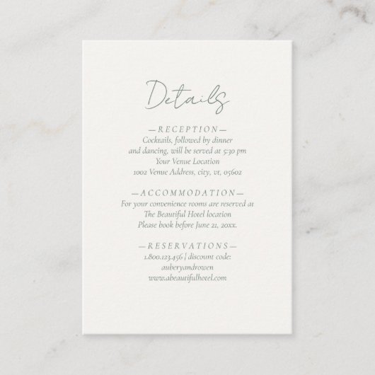 Einfache Elegantsage Grüne neutrale Hochzeitdetail Begleitkarte (Vorderseite)