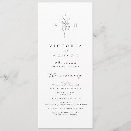 Einfache Eleganz botanische Blätter Monogramm Hoch Programm (Vorderseite)