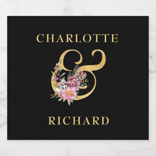 Einfache Eleganz, goldener Ampersand mit rosa Flor Schaumweinetikett (Einzelnes Label)
