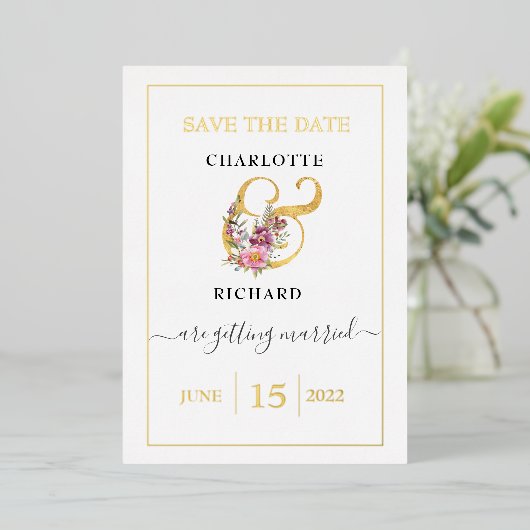 Einfache Eleganz, Save the Date, dekorativ "&" Folieneinladung (Stehend vorne)