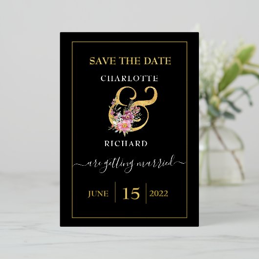 Einfache Eleganz, Save the Date, Schwarz & Gold Folieneinladung (Stehend vorne)