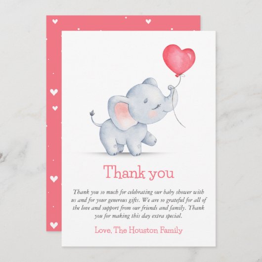 Einfache Elephant & Heart Balloon Babydusche Dankeskarte (Vorne/Hinten)