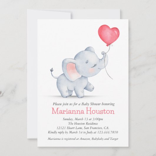 Einfache Elephant & Heart Balloon Babydusche Einladung (Vorderseite)