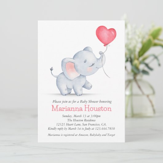 Einfache Elephant & Heart Balloon Babydusche Einladung (Stehend Vorderseite)
