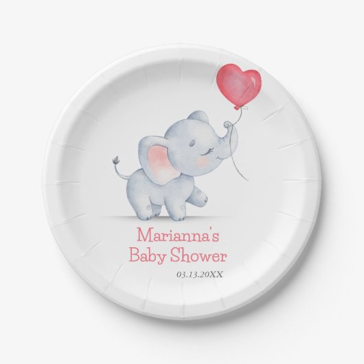 Einfache Elephant & Heart Balloon Babydusche Pappteller (Vorderseite)