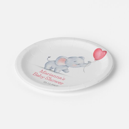 Einfache Elephant & Heart Balloon Babydusche Pappteller (Schrägansicht)