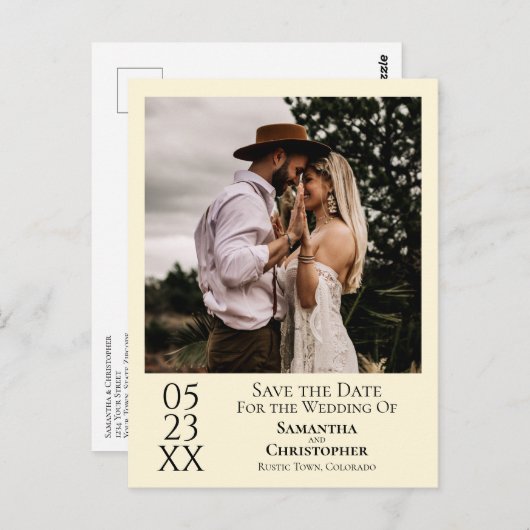 Einfache Elfenbein-Hochzeit Sichern Sie das Date-F Postkarte (Vorne/Hinten)