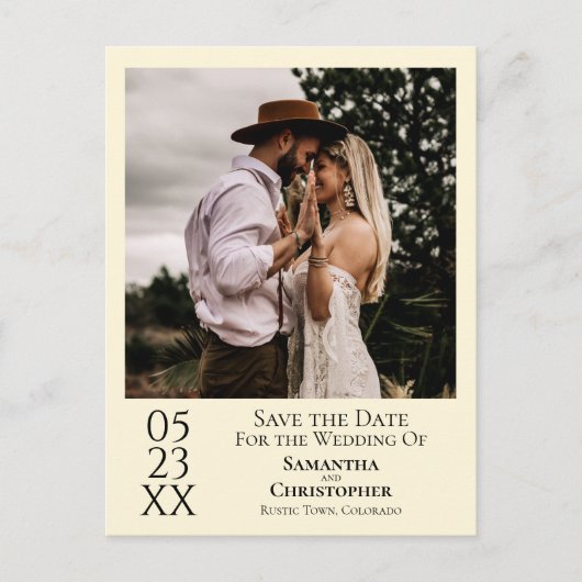 Einfache Elfenbein-Hochzeit Sichern Sie das Date-F Postkarte (Vorderseite)