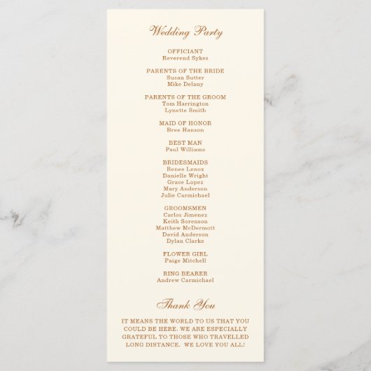 Einfache Elfenbeinkupfer Elegante Hochzeit Programm (Rückseite)