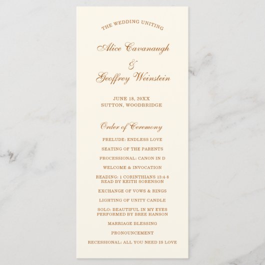 Einfache Elfenbeinkupfer Elegante Hochzeit Programm (Vorderseite)