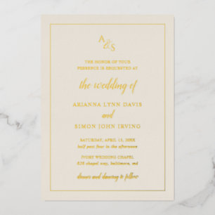 Einfache Elfenbeinmongram-Hochzeit Folieneinladung