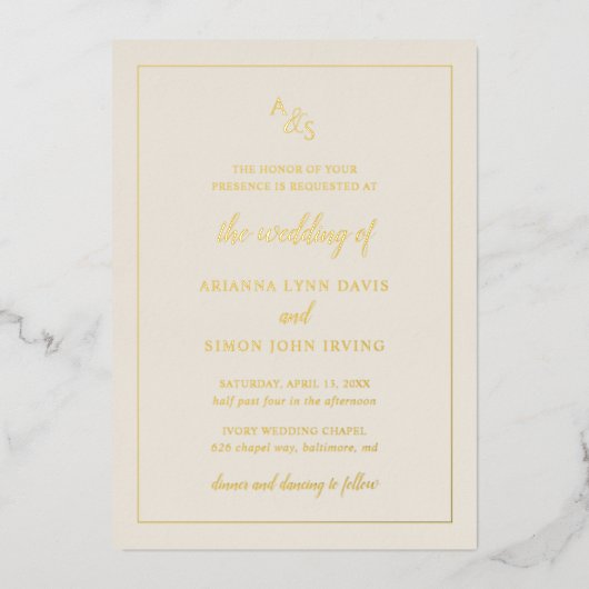 Einfache Elfenbeinmongram-Hochzeit Folieneinladung (Vorderseite)