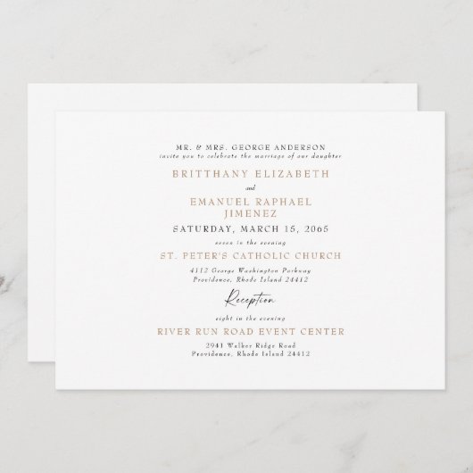 Einfache Eltern mit White & Gold Bride Hochzeit Einladung (Vorne/Hinten)