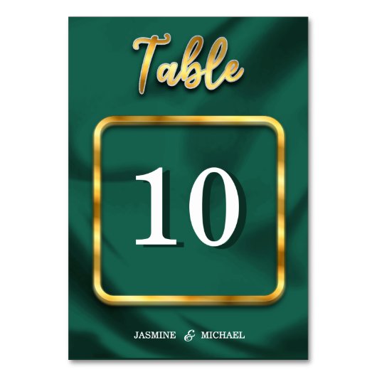 Einfache Emerald Green und Gold Script Wedding Tischnummer (Vorderseite)