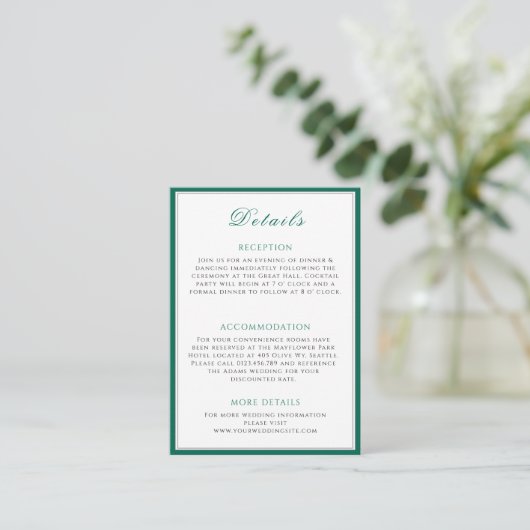 Einfache Emerald Green Wedding Info Enclosure Card Begleitkarte (Stehend Vorderseite)