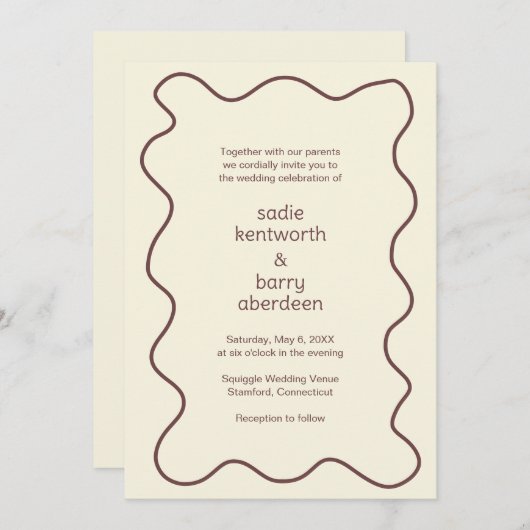 Einfache Erdbraun-Squiggle-Rahmen Moderne Hochzeit Einladung (Vorne/Hinten)