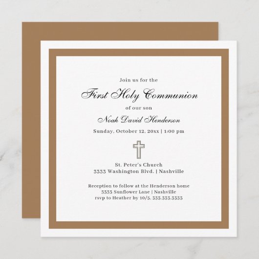 Einfache Erste Heilige Kommunion Tan Weiße Einladu Einladung (Vorne/Hinten)