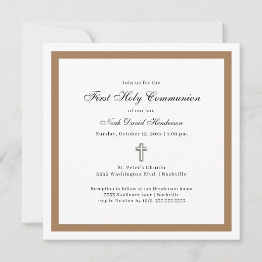 Einfache Erste Heilige Kommunion Tan Weiße Einladu Einladung (Vorderseite)