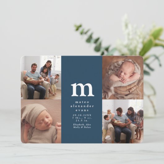 Einfache Erstgeburt von vier Fotos, Kollage, blaue Ankündigung (Stehend Vorderseite)