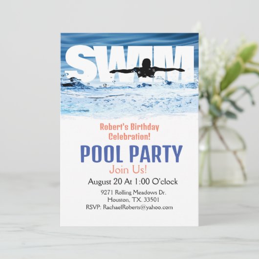 Einfache Erwachsene Swim Birthday Pool Party Einla Einladung (Stehend Vorderseite)