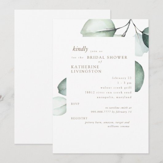 Einfache Eucayptus Stem Bridal Dusche Einladung (Vorne/Hinten)