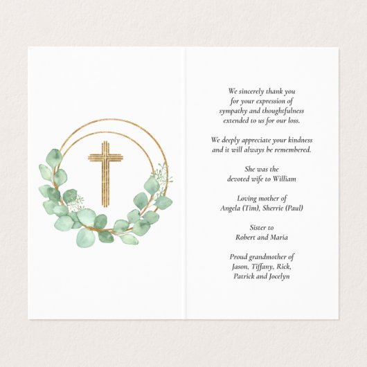 Einfache Eukalyptus-Beerdigungskarte Visitenkarten (Innenseite Aufgefaltet)