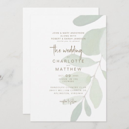 Einfache Eukalyptus - beide Eltern Gold Text Hochz Einladung (Vorne/Hinten)