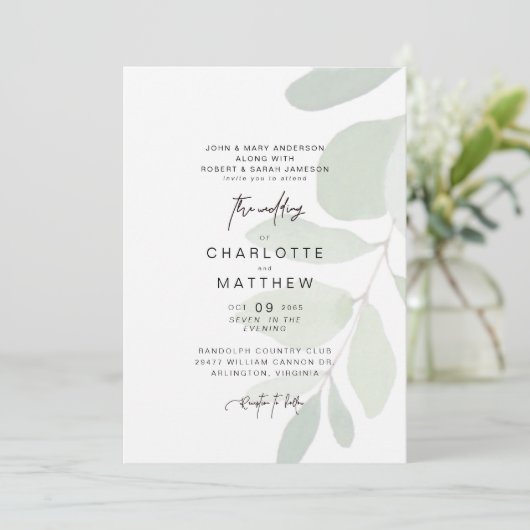 Einfache Eukalyptus - beide Eltern laden zur Hochz Einladung (Stehend Vorderseite)