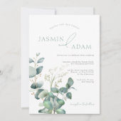 Einfache Eukalyptus-Blätter Grüne Monogramm Hochze Einladung (Vorderseite)