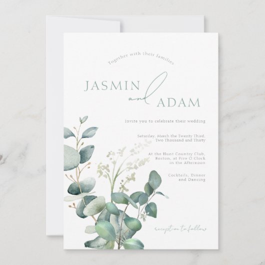 Einfache Eukalyptus-Blätter Grüne Monogramm Hochze Einladung (Vorderseite)