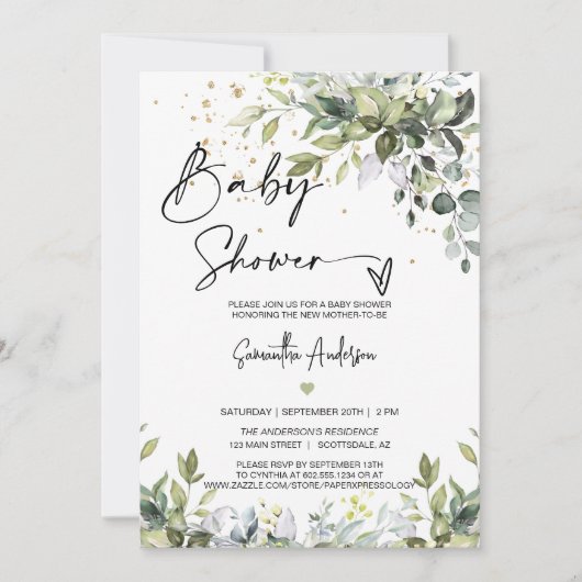 Einfache Eukalyptus-Blätter Kinderdusche QR-Code F Einladung (Vorderseite)