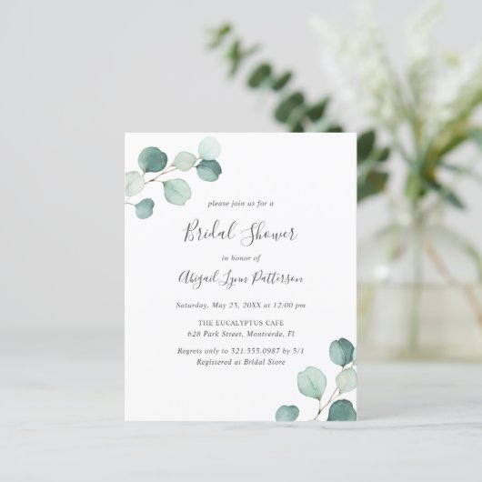 Einfache Eukalyptus Budget Bridal Dusche Einladung (Stehend Vorderseite)
